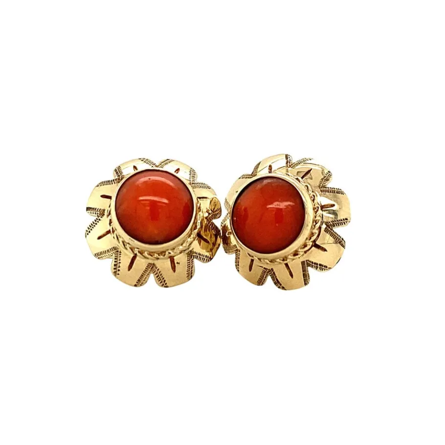 Gold ear studs with blood coral 14 krt>Vintage Jewellery Online