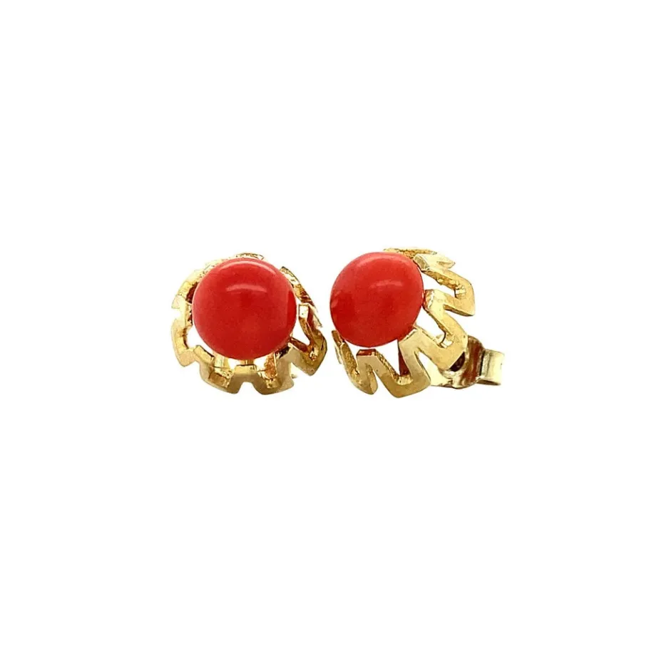 Gold ear studs with blood coral 14 krt>Vintage Jewellery New
