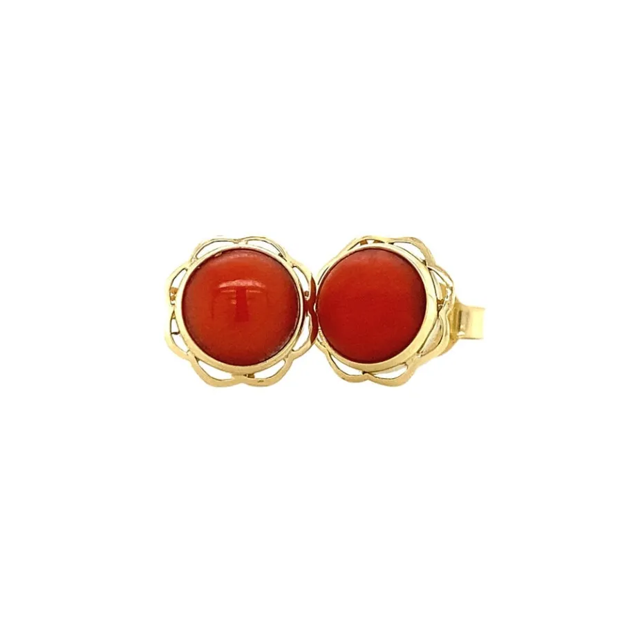 Gold ear studs with blood coral 14 krt>Vintage Jewellery Online