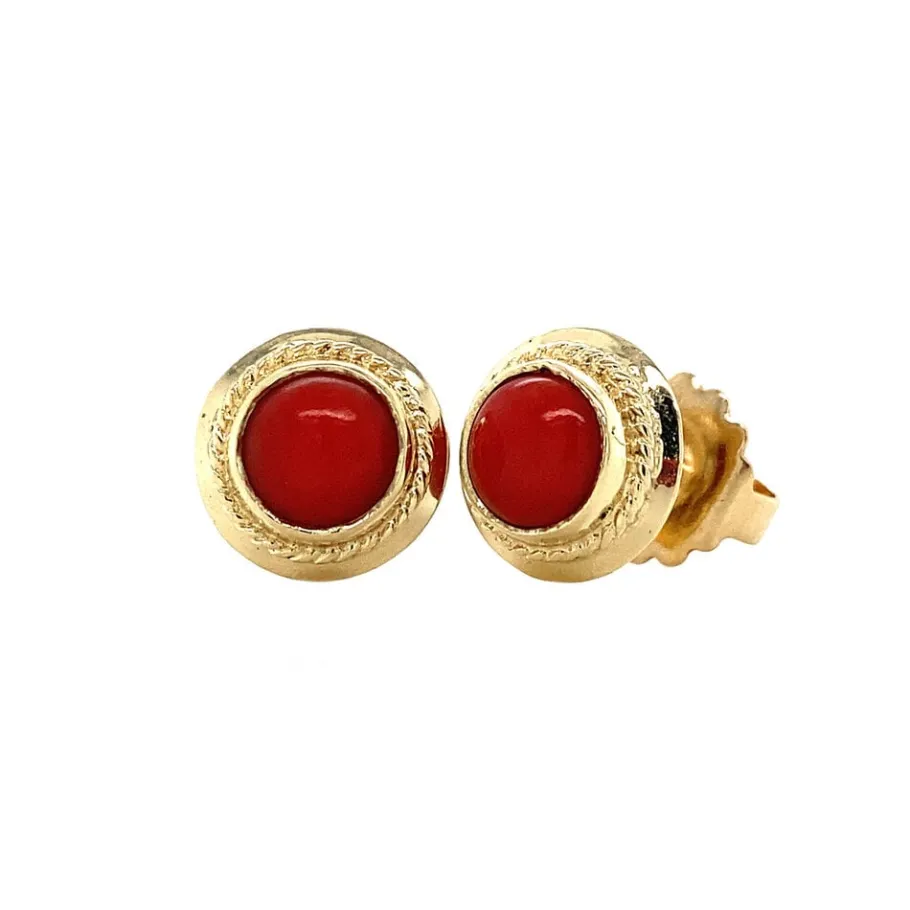 Gold ear studs with blood coral 14 krt>Vintage Jewellery New