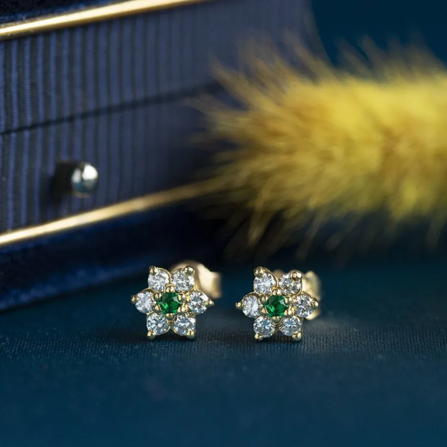 Gold ear studs with coloured stone and mossanite 18 krt>Vintage Jewellery Outlet