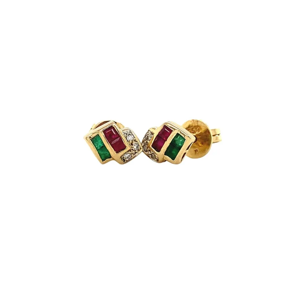 Gold ear studs with diamond, emerald and ruby 18 krt>Vintage Jewellery New