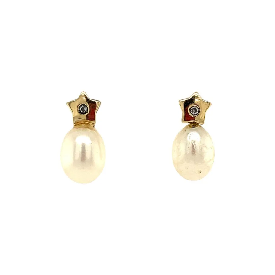 Gold ear studs with pearl and zirconia 14 krt>Vintage Jewellery Online