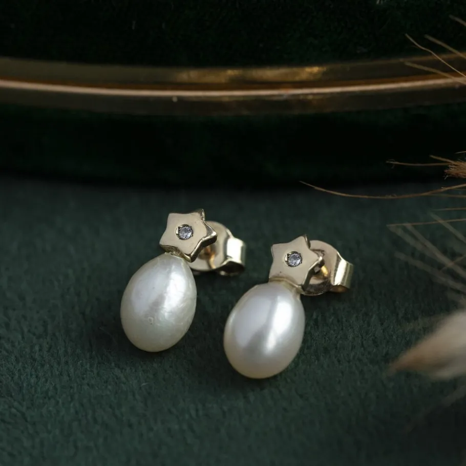 Gold ear studs with pearl and zirconia 14 krt>Vintage Jewellery Online