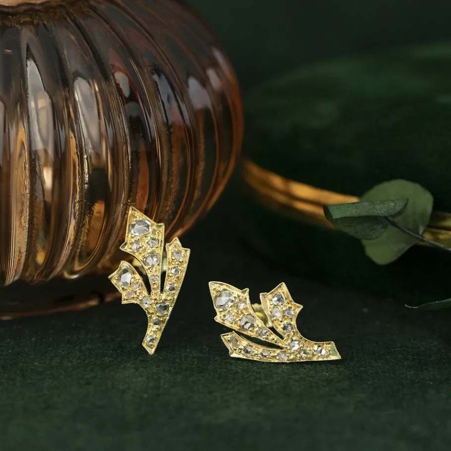 Gold ear studs with rose diamond 14 krt>Vintage Jewellery Fashion