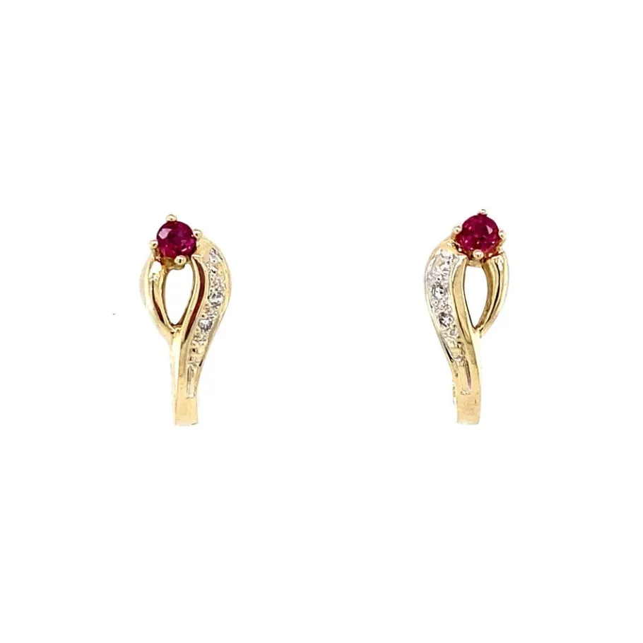 Gold ear studs with ruby and diamond 14 krt>Vintage Jewellery Online