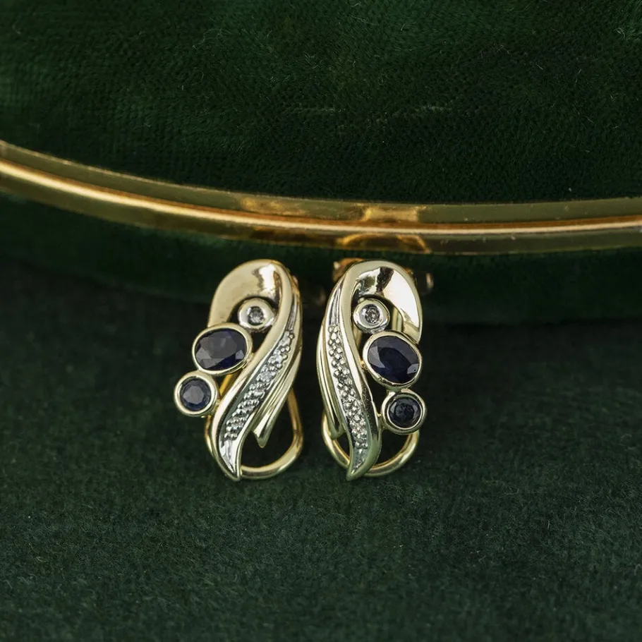 Gold ear studs with sapphire and diamond 14 krt>Vintage Jewellery Sale