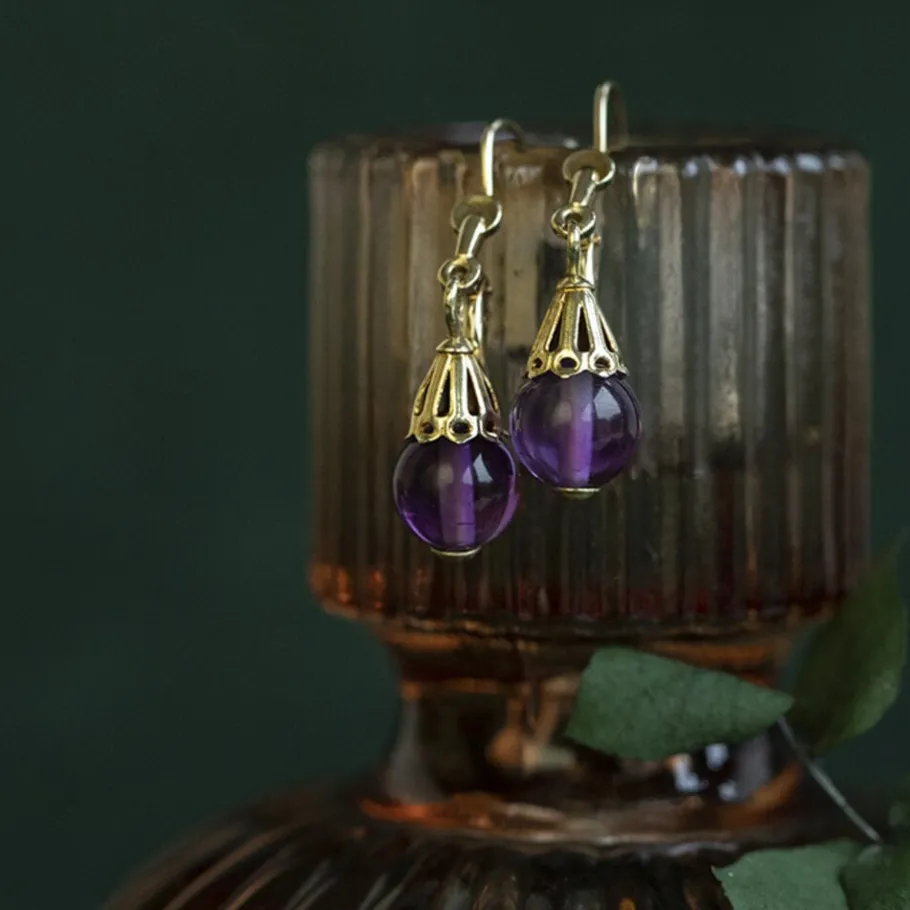 Gold earrings with amethyst 14 krt>Vintage Jewellery New