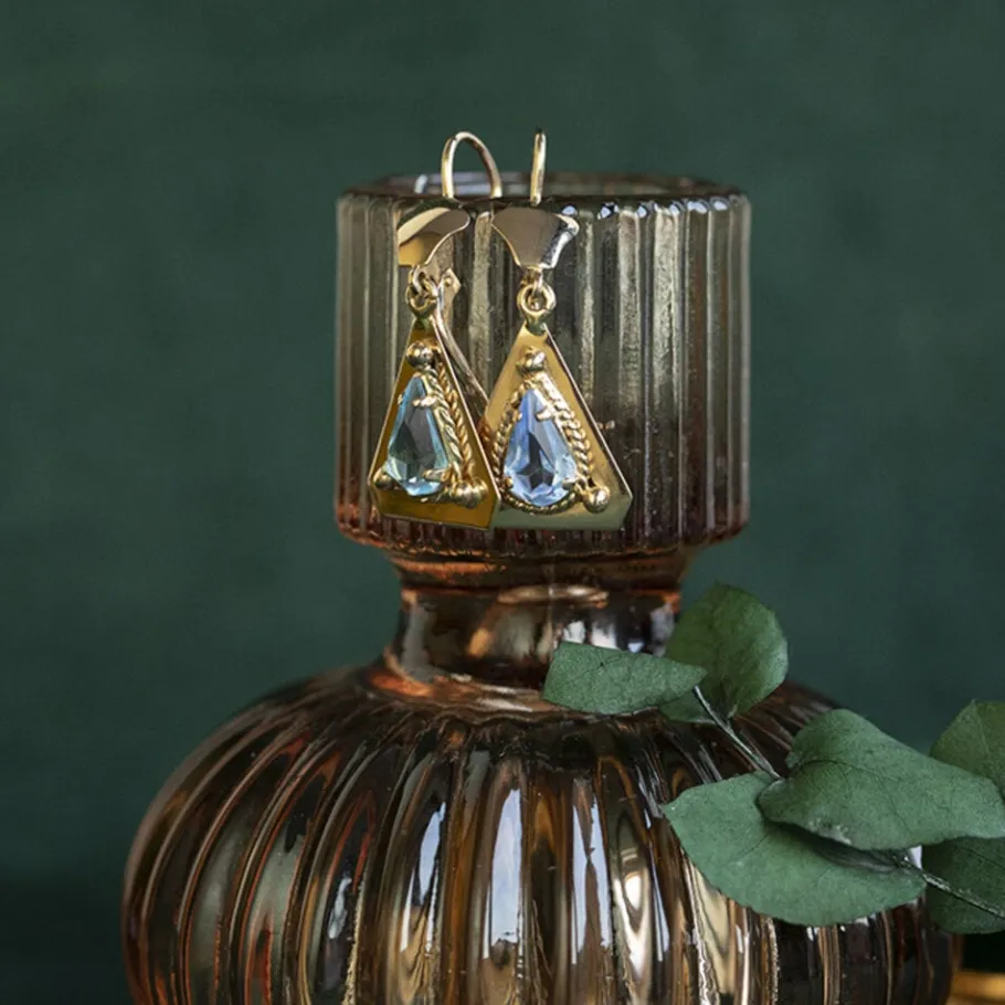 Gold earrings with blue colour stone 18 krt>Vintage Jewellery Online