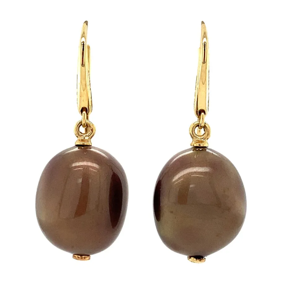 Gold earrings with brown glass 14 krt>Vintage Jewellery New