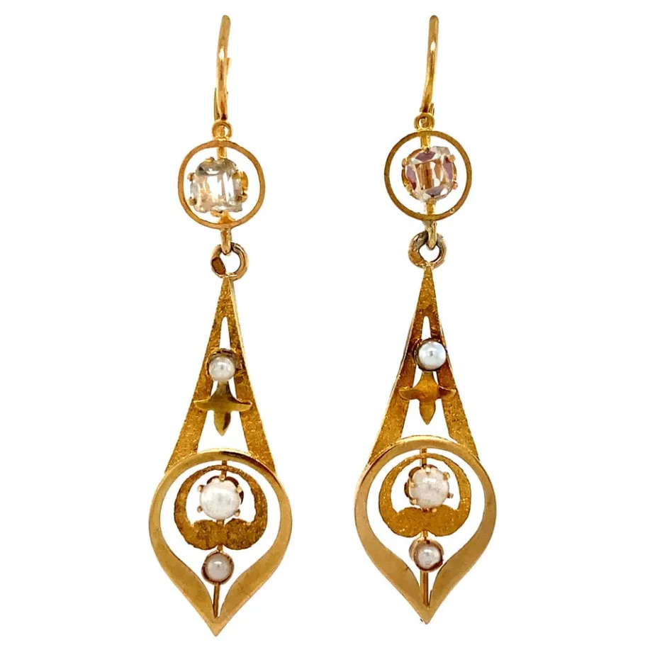 Gold earrings with pearl and diamond 18 krt>Vintage Jewellery Best