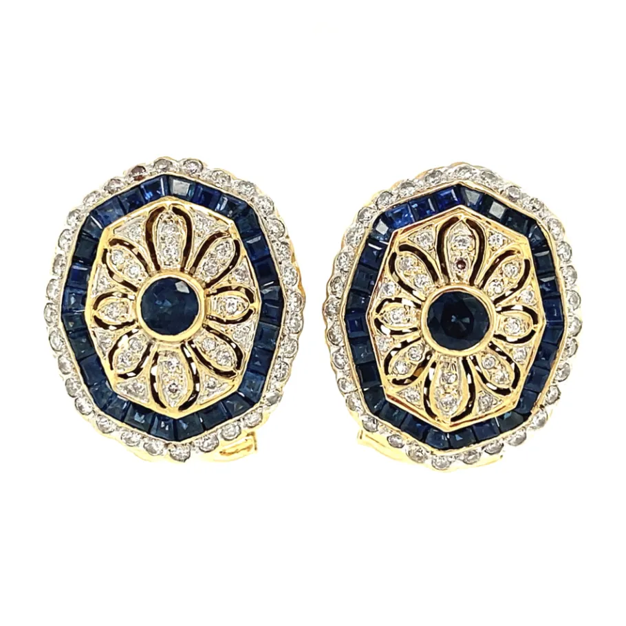 Gold earrings with sapphire and diamond 18 krt>Vintage Jewellery Sale