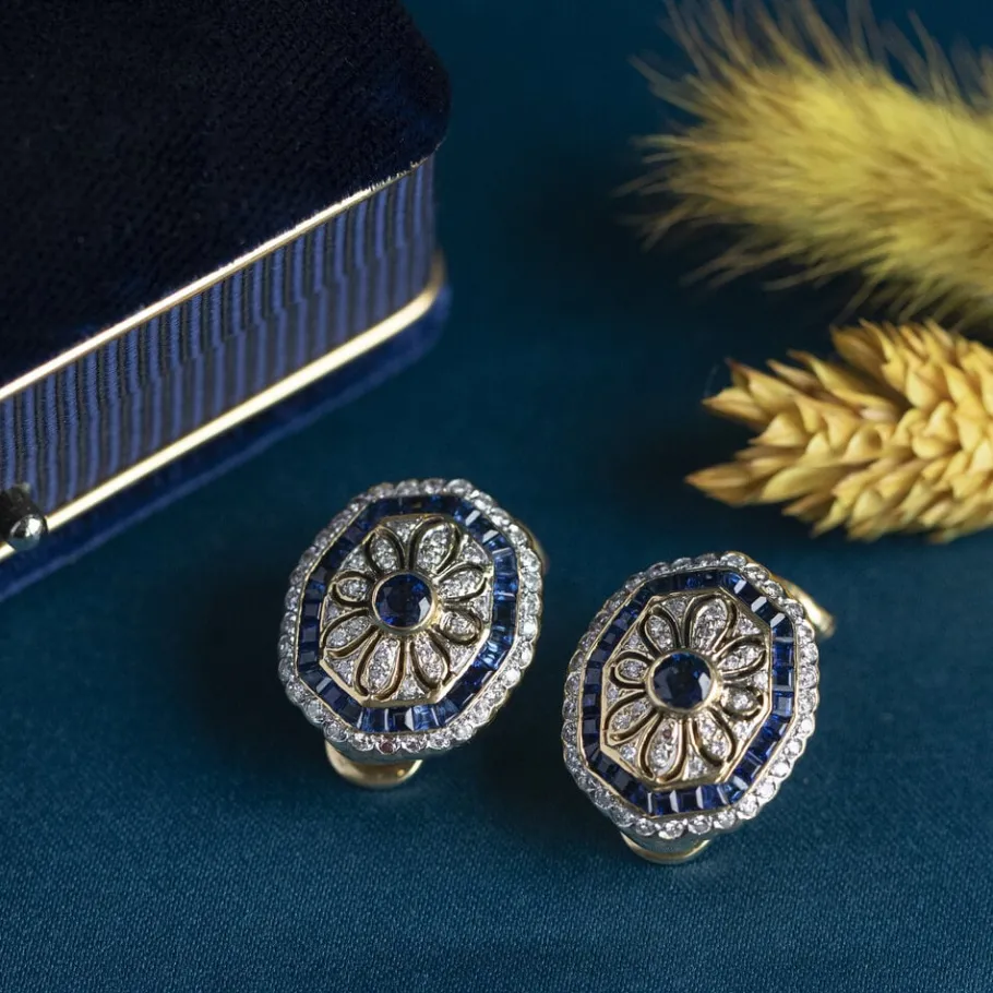 Gold earrings with sapphire and diamond 18 krt>Vintage Jewellery Sale