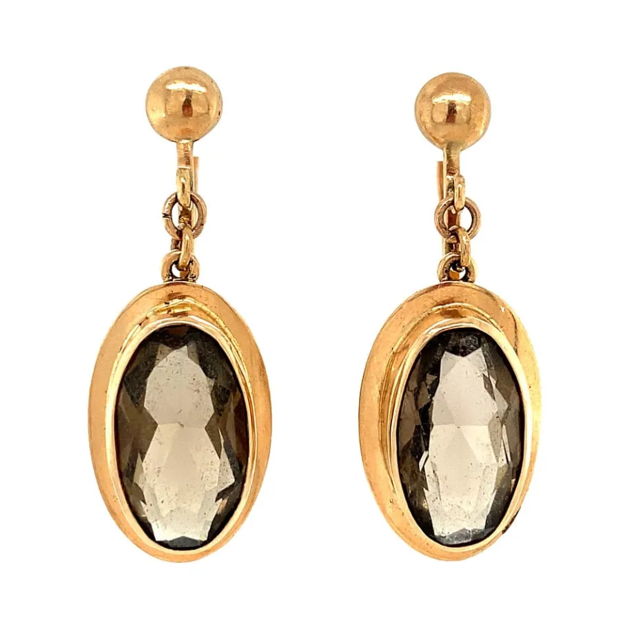 Gold earrings with smoky quartz 14 krt>Vintage Jewellery Fashion