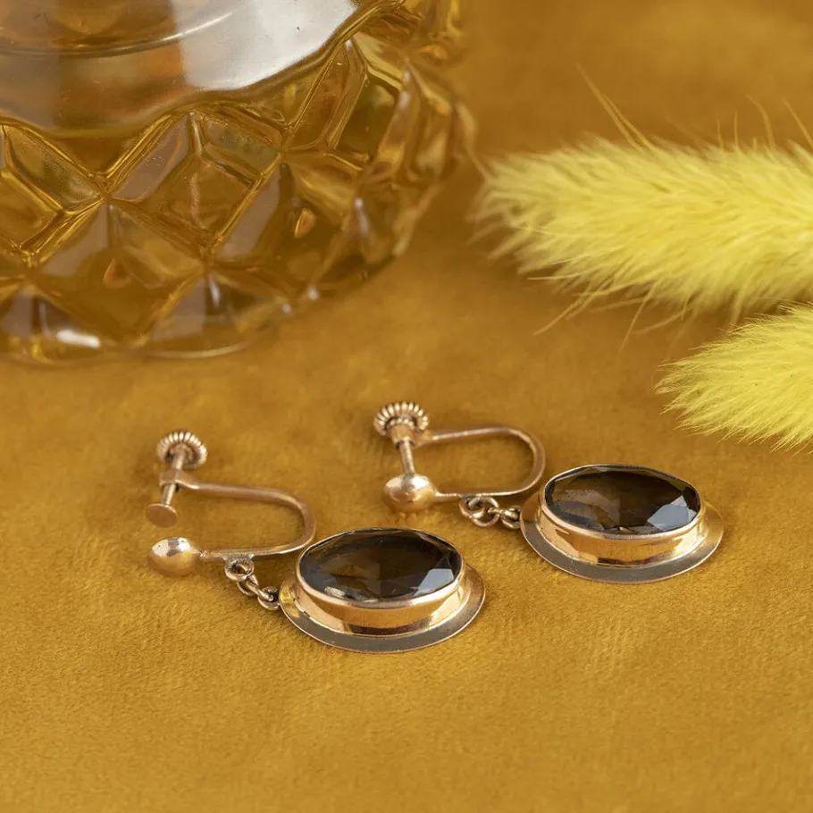 Gold earrings with smoky quartz 14 krt>Vintage Jewellery Fashion
