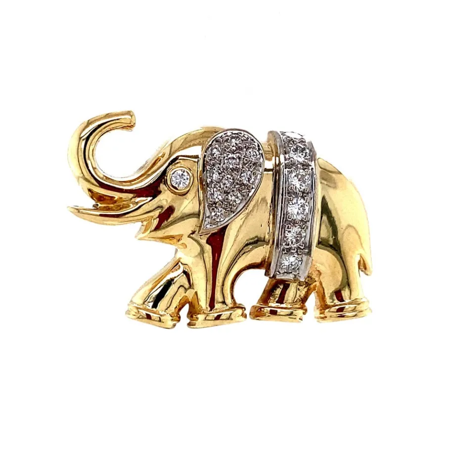 Gold elephant brooch with diamonds 14 krt>Vintage Jewellery New