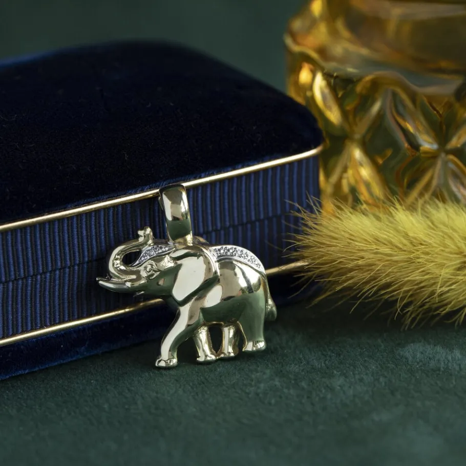 Gold elephant pendant with diamond 14 krt>Vintage Jewellery Sale
