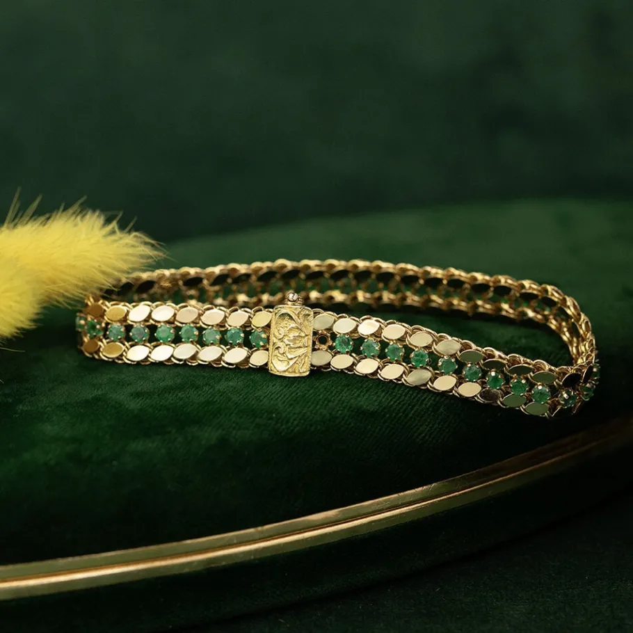 Gold fantasy bracelet with emerald 14 krt>Vintage Jewellery Outlet