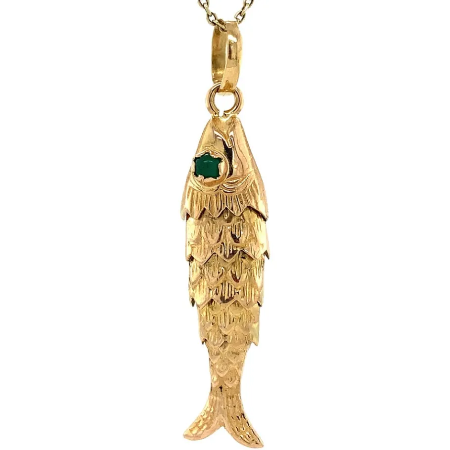 Gold fish pendant with colour stone 18 krt>Vintage Jewellery Sale