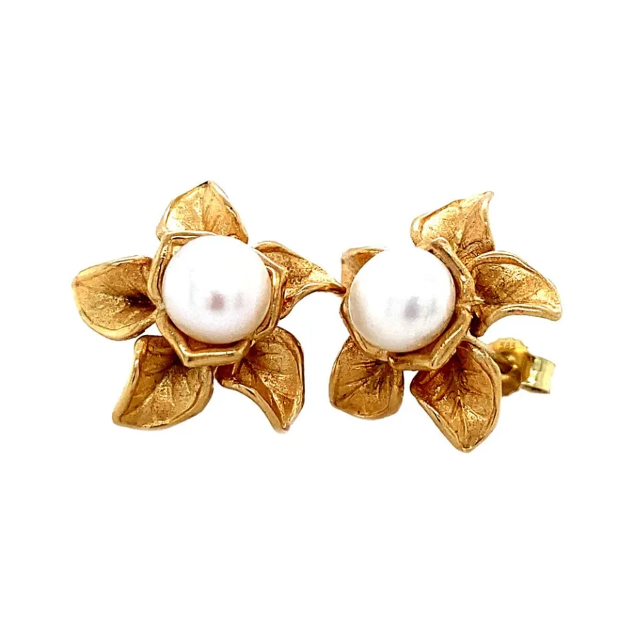Gold flower earrings with pearl 14 krt>Vintage Jewellery Best
