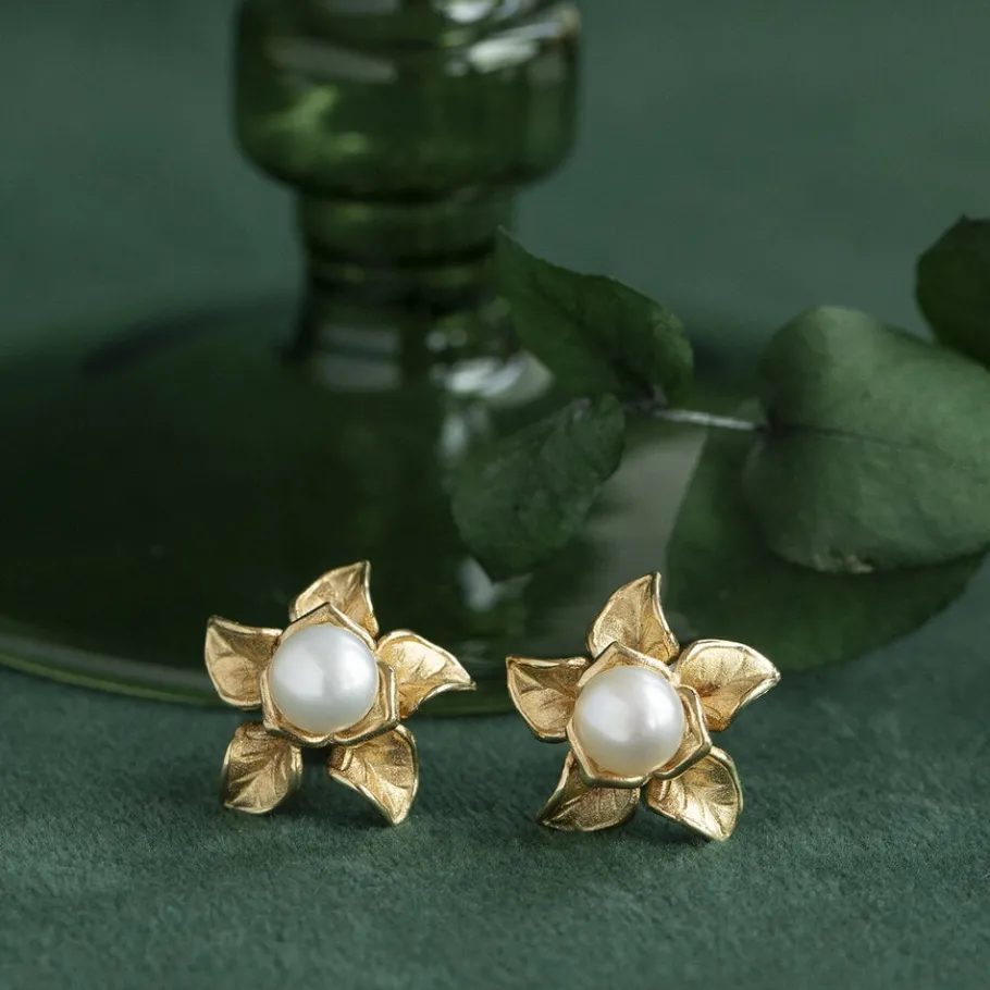 Gold flower earrings with pearl 14 krt>Vintage Jewellery Best