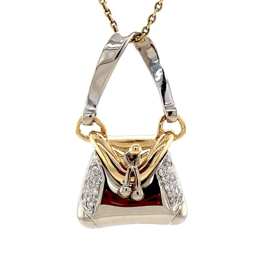 Gold handbag pendant with diamond 14 krt>Vintage Jewellery Best