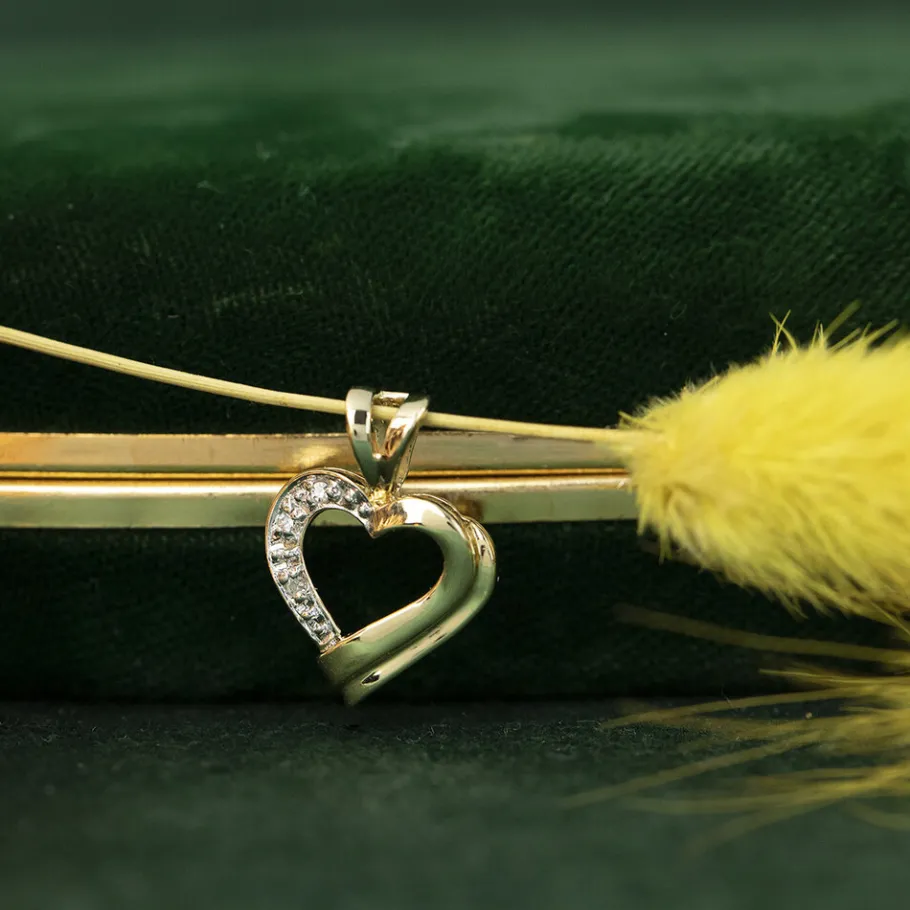 Gold heart pendant with diamonds 14 krt>Vintage Jewellery Outlet