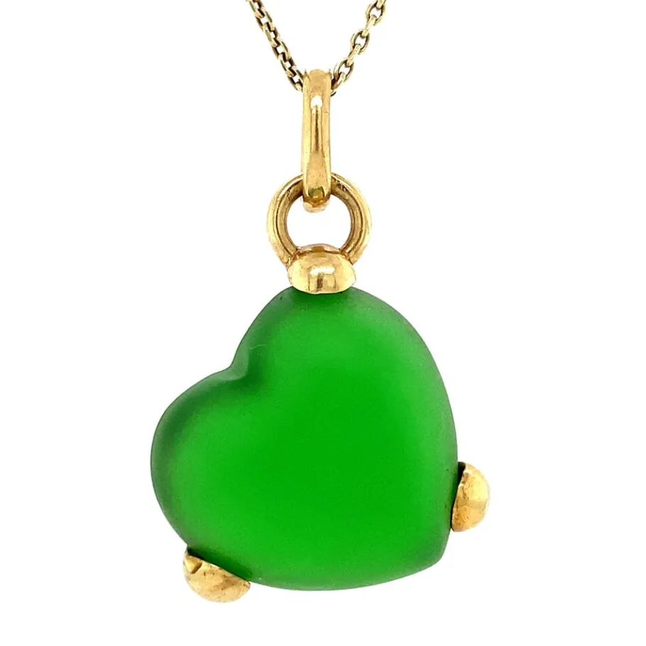 Gold heart pendant with green sea glass 14 krt>Vintage Jewellery Clearance