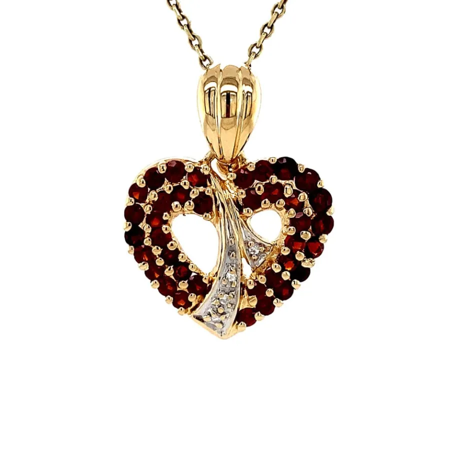 Gold heart pendant with garnet and diamonds 14 krt>Vintage Jewellery Hot