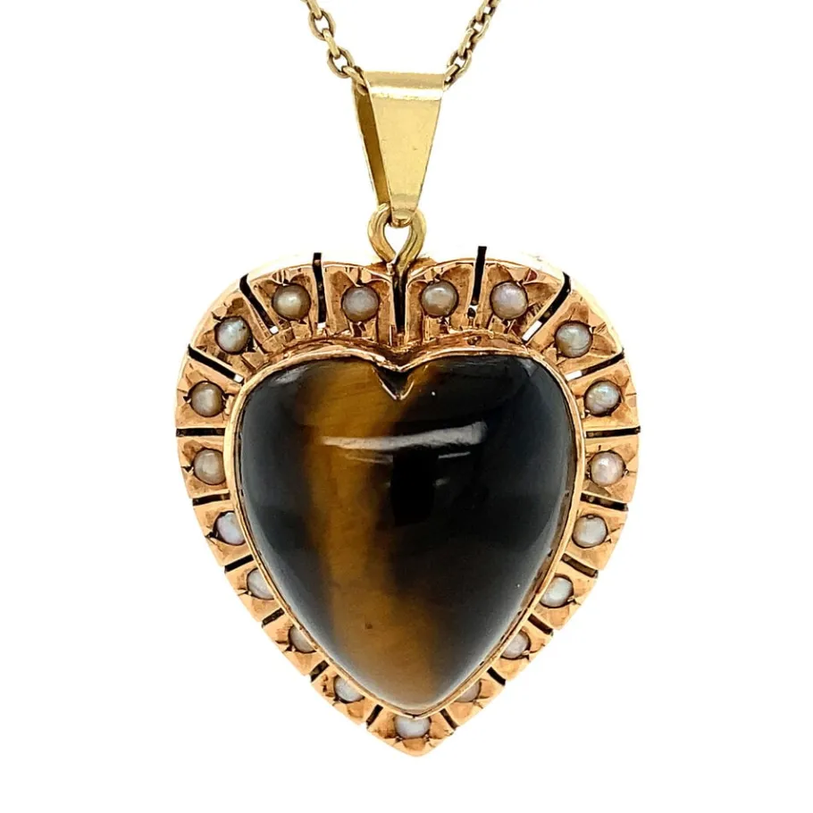 Gold heart pendant with tiger eye and pearls 14 krt>Vintage Jewellery Discount