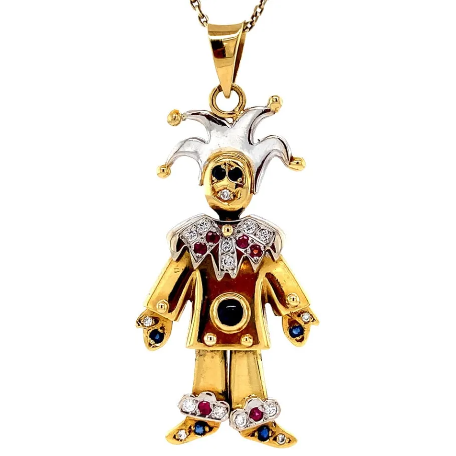 Gold joker pendant with ruby, sapphire and diamond 18 krt>Vintage Jewellery Hot