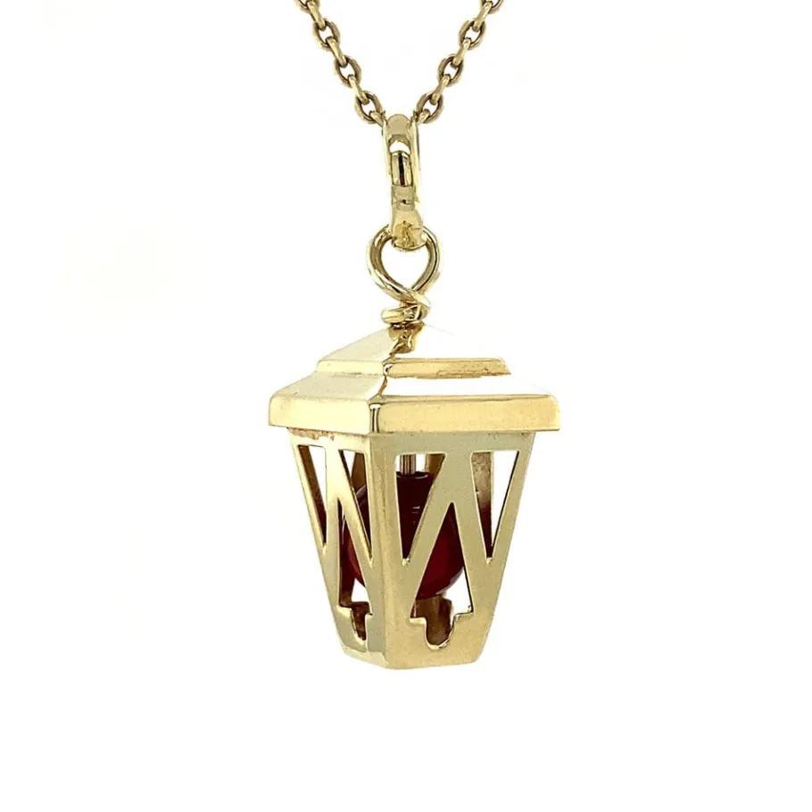 Gold lantern pendant with blood coral 14 krt>Vintage Jewellery Sale