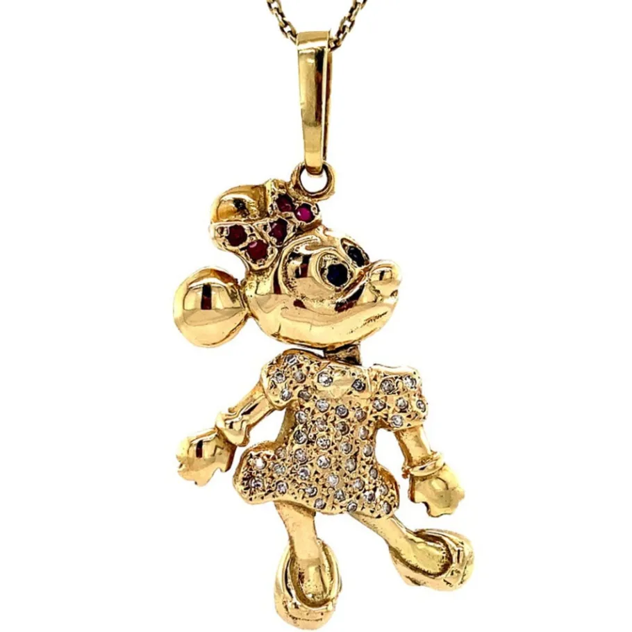 Gold Minnie Mouse pendant with ruby, sapphire and diamond 14 krt>Vintage Jewellery Outlet