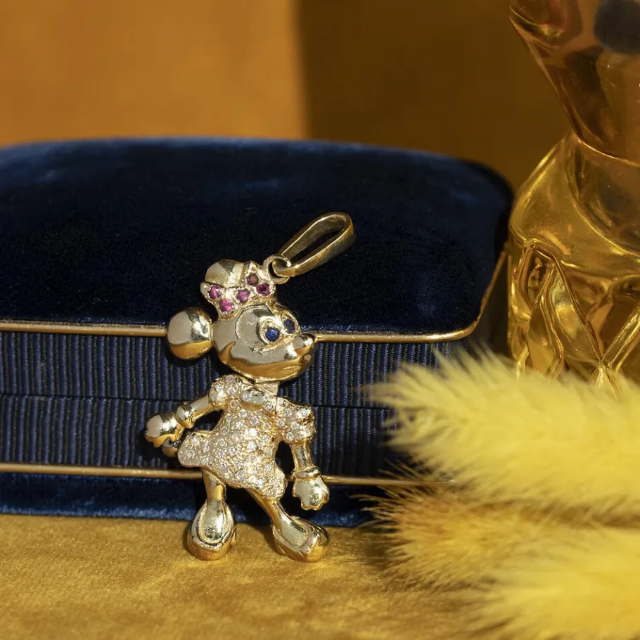 Gold Minnie Mouse pendant with ruby, sapphire and diamond 14 krt>Vintage Jewellery Outlet