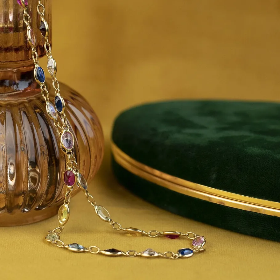 Gold necklace with spinel, sapphire, ruby and garnet 18 krt>Vintage Jewellery Clearance