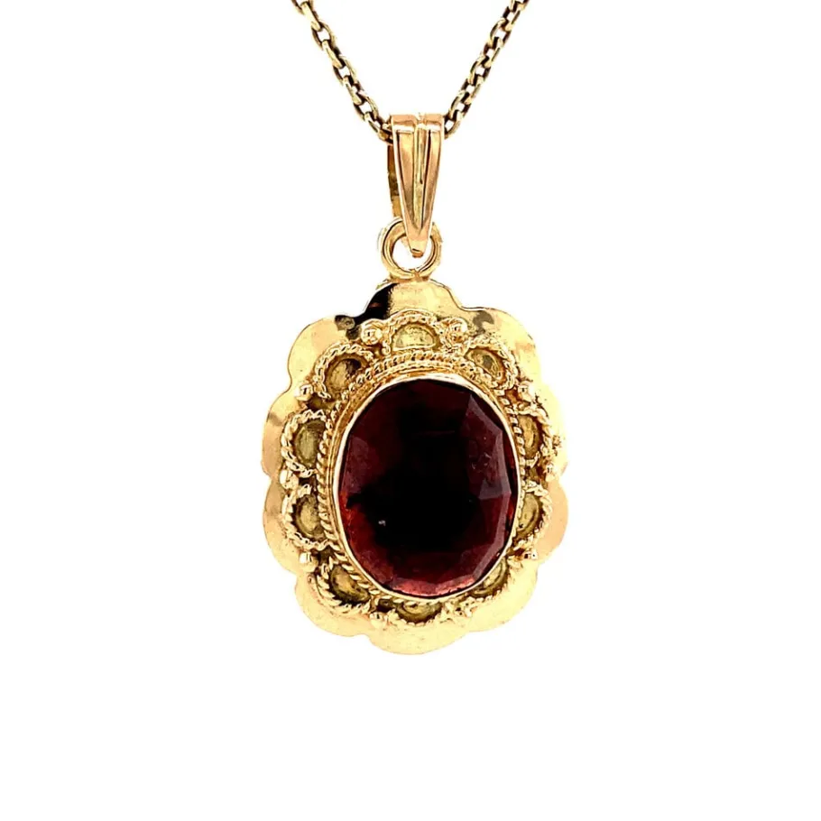 Gold pendant garnet 14 krt>Vintage Jewellery Online