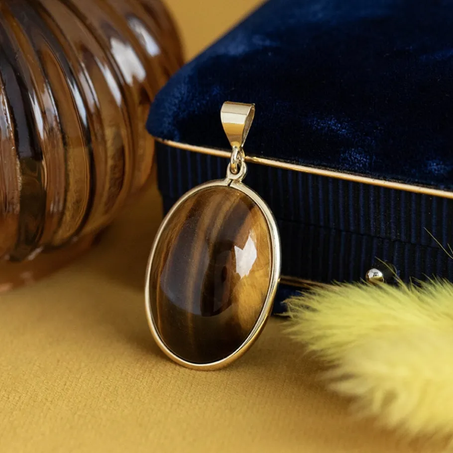 Gold pendant tiger eye 14 krt>Vintage Jewellery Outlet
