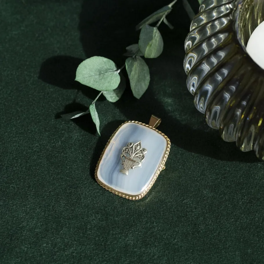 Gold pendant with agate and diamond 14 krt/925>Vintage Jewellery New