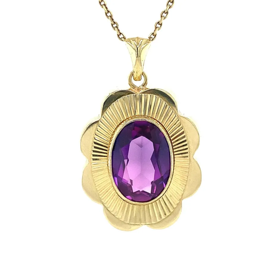 Gold pendant with amethyst 14 krt>Vintage Jewellery Hot