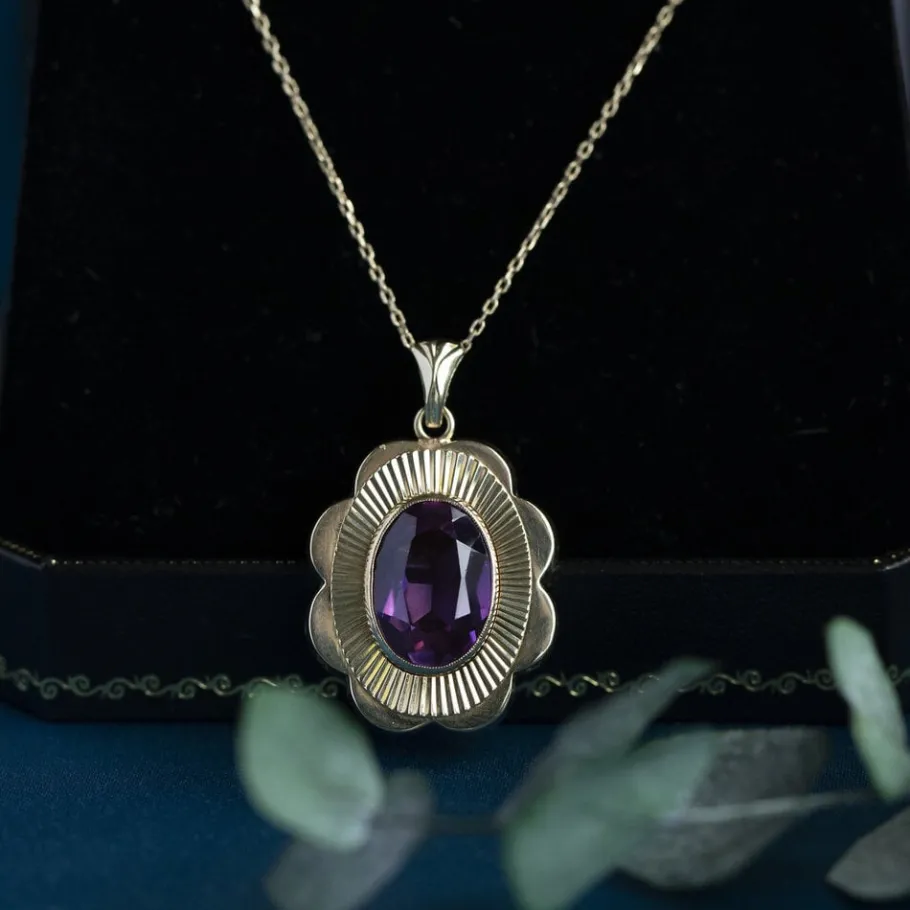 Gold pendant with amethyst 14 krt>Vintage Jewellery Hot