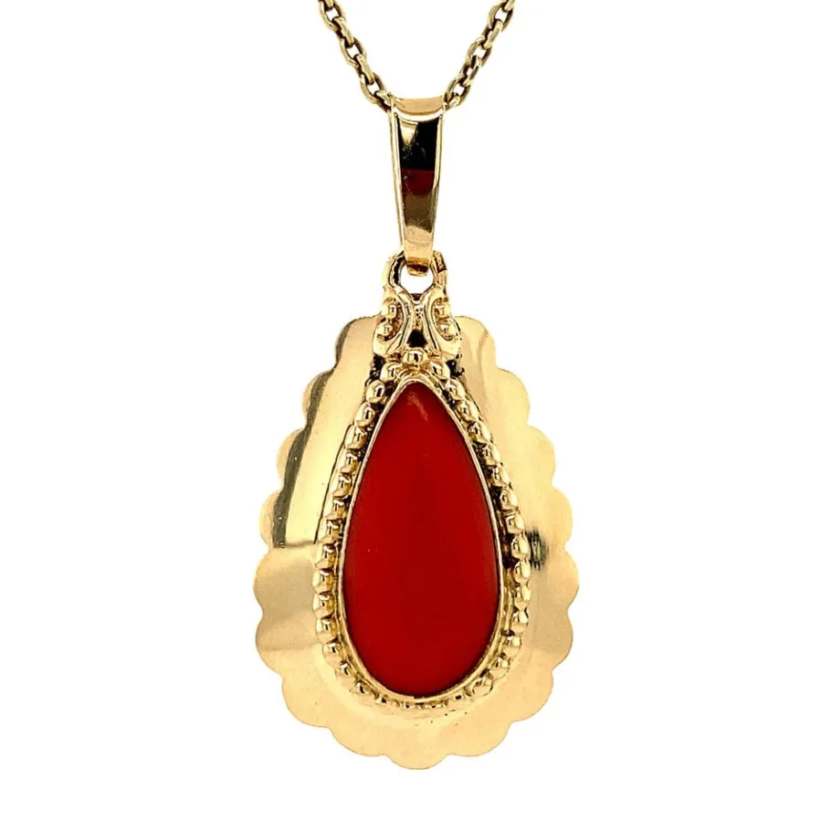 Gold pendant with blood coral 14 krt>Vintage Jewellery Sale