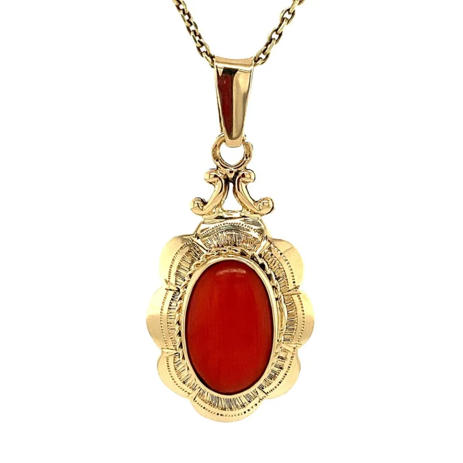 Gold pendant with blood coral 14 krt>Vintage Jewellery Online