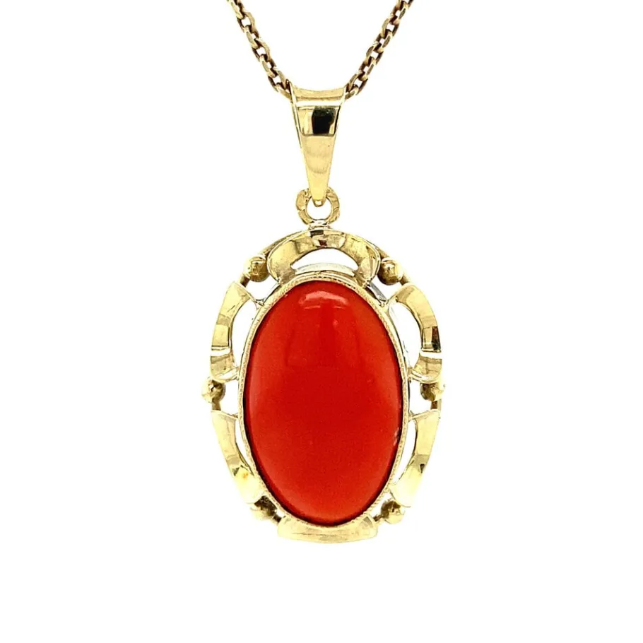 Gold pendant with blood coral 14 krt>Vintage Jewellery Hot