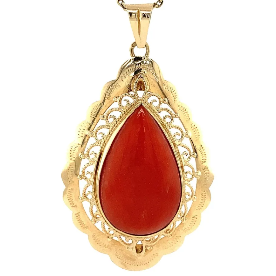 Gold pendant with blood coral 14 krt>Vintage Jewellery Hot