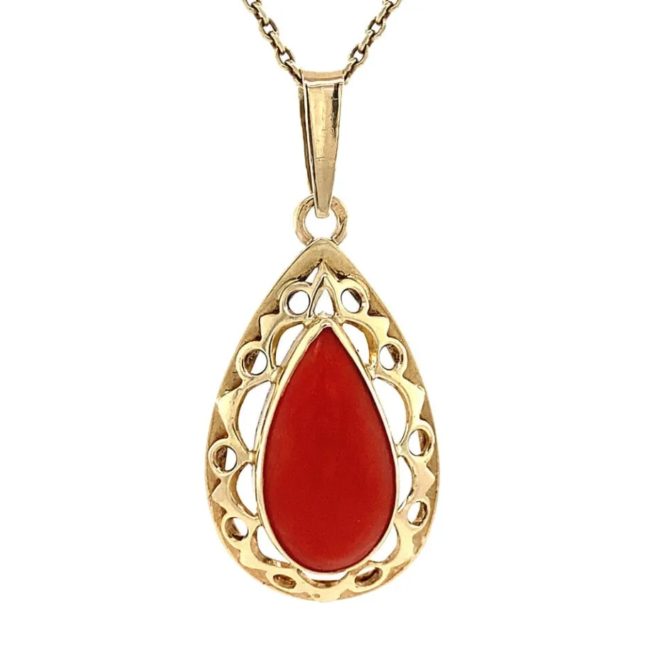 Gold pendant with blood coral 14 krt>Vintage Jewellery New