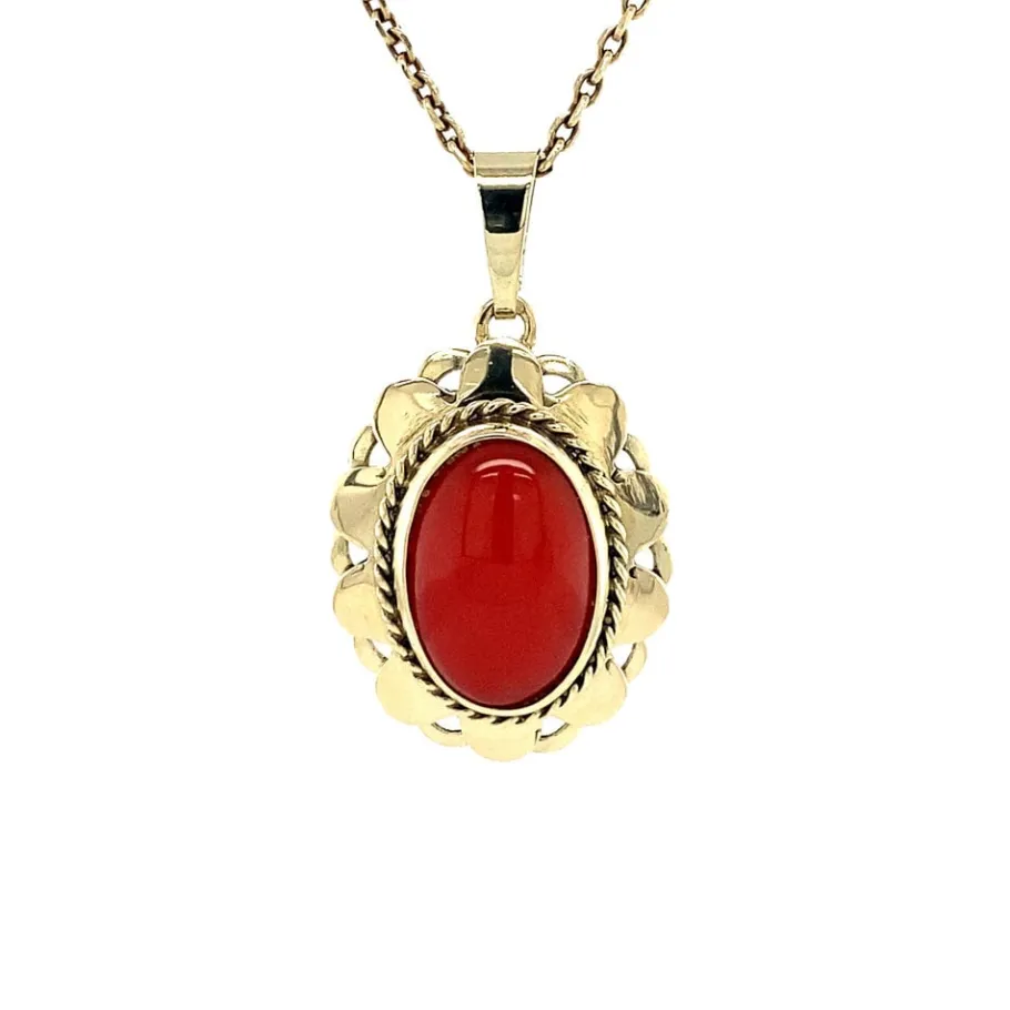 Gold pendant with blood coral 14 krt>Vintage Jewellery New