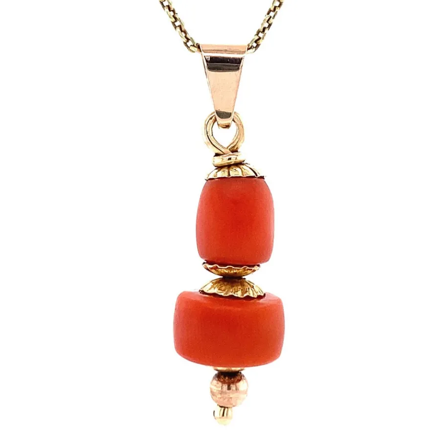 Gold pendant with blood coral 14 krt>Vintage Jewellery Outlet