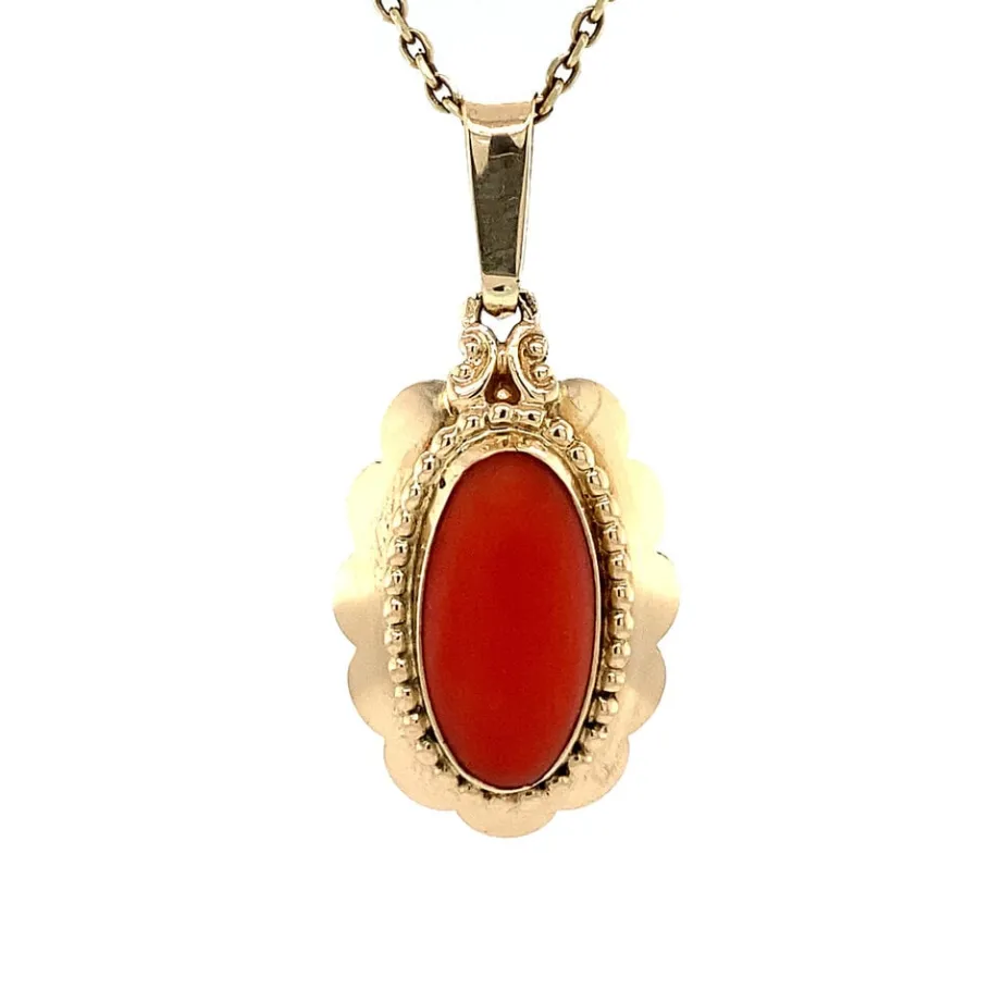 Gold pendant with blood coral 14 krt>Vintage Jewellery Fashion