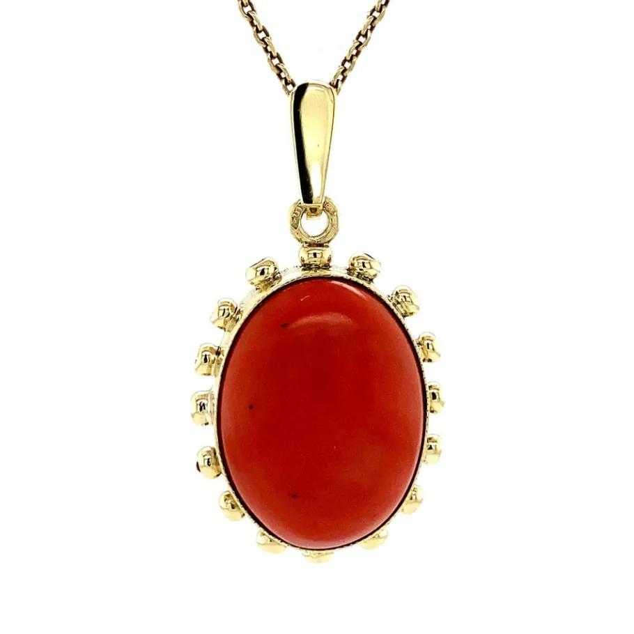 Gold pendant with blood coral 14 krt>Vintage Jewellery Sale