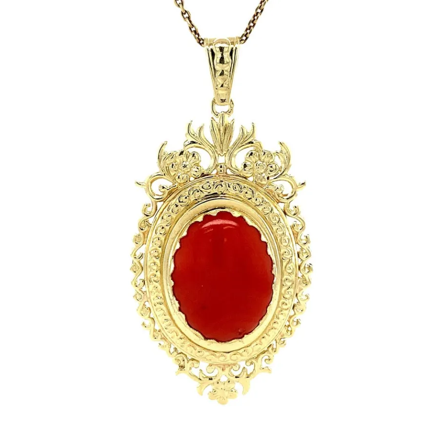 Gold pendant with blood coral 14 krt>Vintage Jewellery Discount